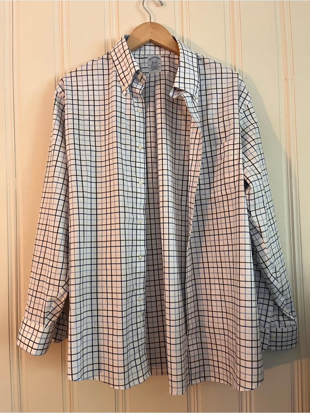 Brooks Brothers White Button-Down Shirt with blue and brown Windowpane